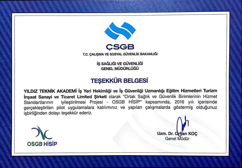 OSGB HİSİP Teşekkür Belgesi