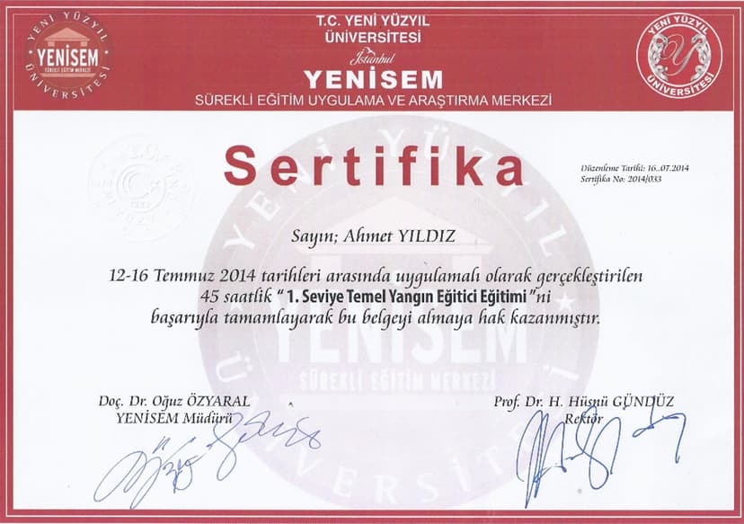 1. Seviye Yangın Eğitici Sertifikası