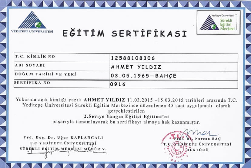 2. Seviye Yangın Eğitici Sertifikası