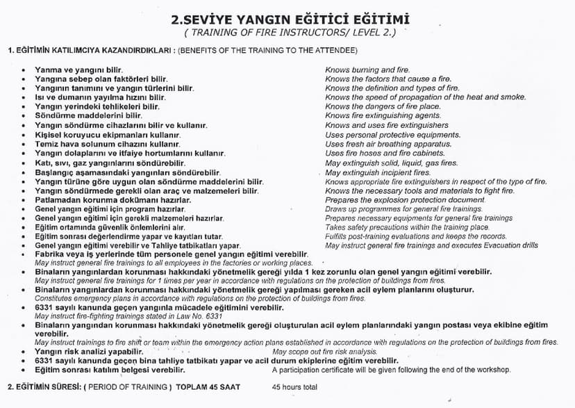 2. Seviye Yangın Eğitici Eğitimi