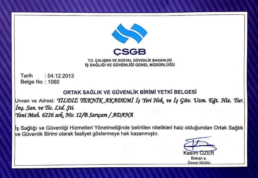 OSGB Yetki Belgesi - Adana Şubesi