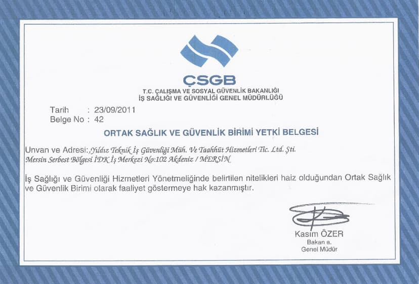 OSGB Yetki Belgesi - Mersin Şubesi