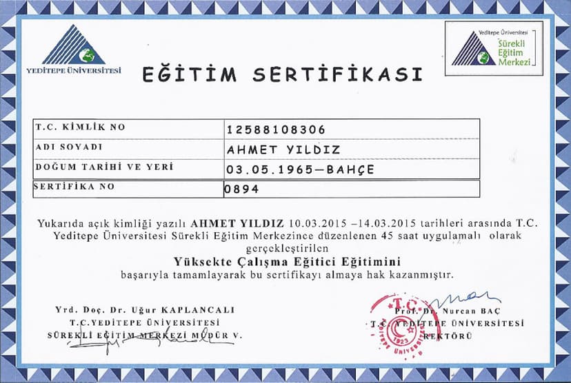 Yüksekte Çalışma Eğitici Sertifikası